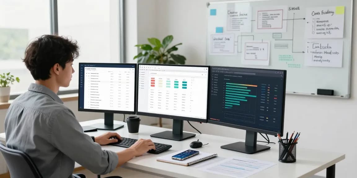 Backlinks analysis tools in a modern digital marketing workspace with SEO specialist