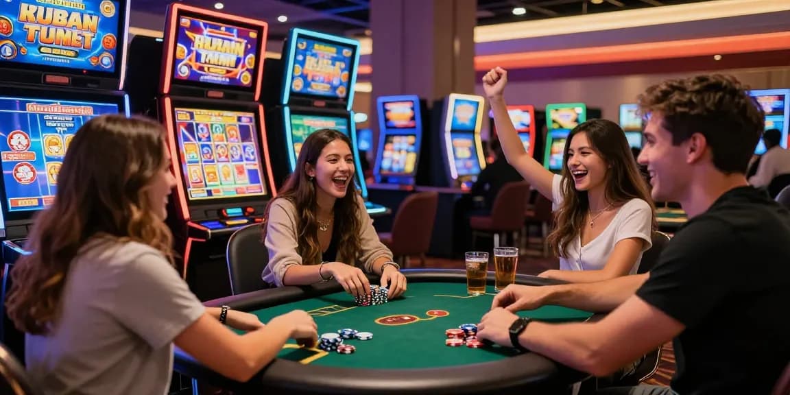 Friends having fun at a bandar slot machine in a lively casino setting.
