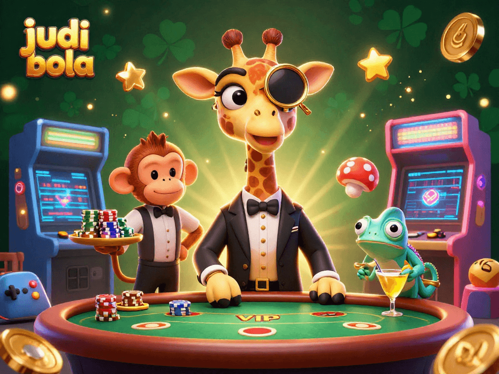 Engage in thrilling judi bola action with a high-roller giraffe at a lavish poker table amidst dynamic gaming elements.