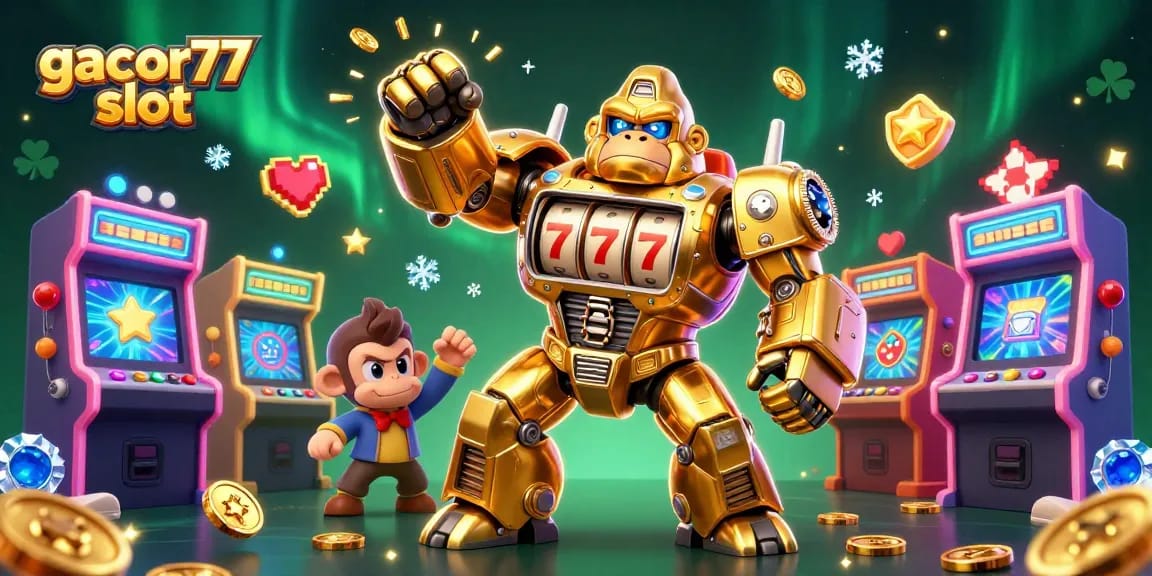 Menangkan permainan gacor77 slot dengan karakter gorila emas 3D dan elemen mesin slot menarik.