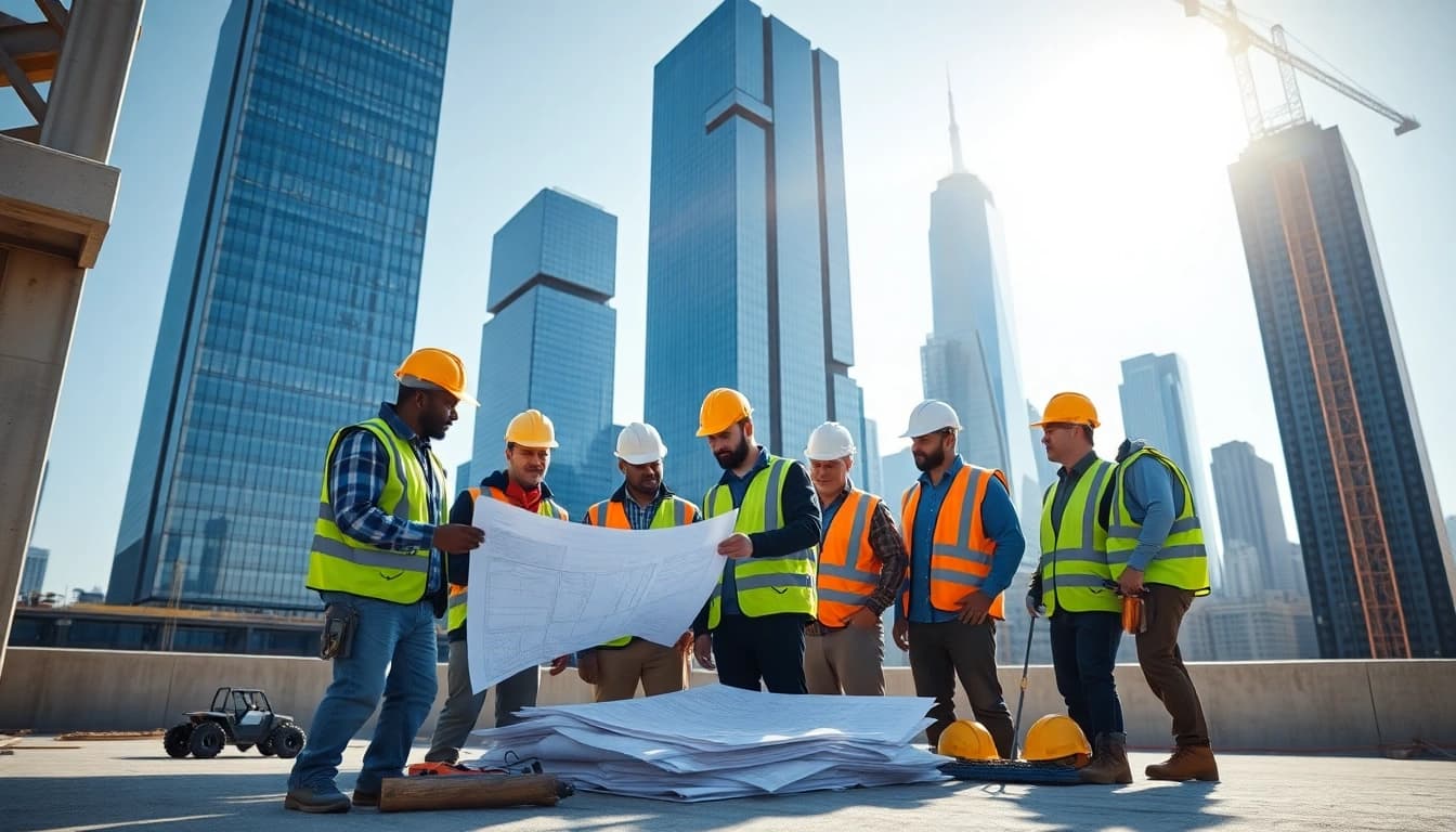 Showcasing a New York City Commercial General Contractor team at work on a construction site, emphasizing collaboration and focus.