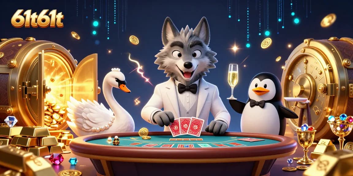 Experience the thrill of 61t61t with a vibrant baccarat scene featuring a debonair wolf and elegant characters.