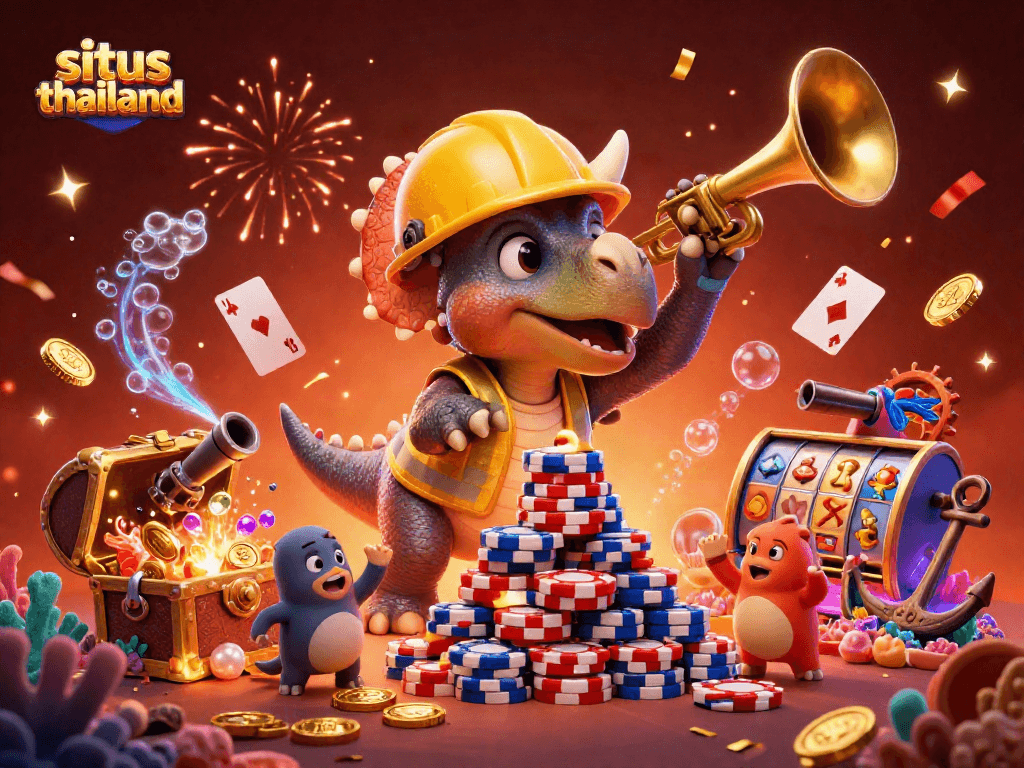 Engage in situs thailand with a vibrant 3D scene of gaming joy featuring dynamic casino elements.