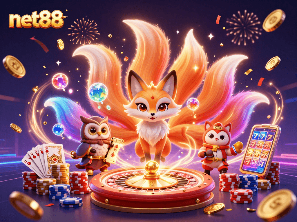 Experience the excitement of net88's vibrant casino world with a mystical nine-tailed fox and wise owl.