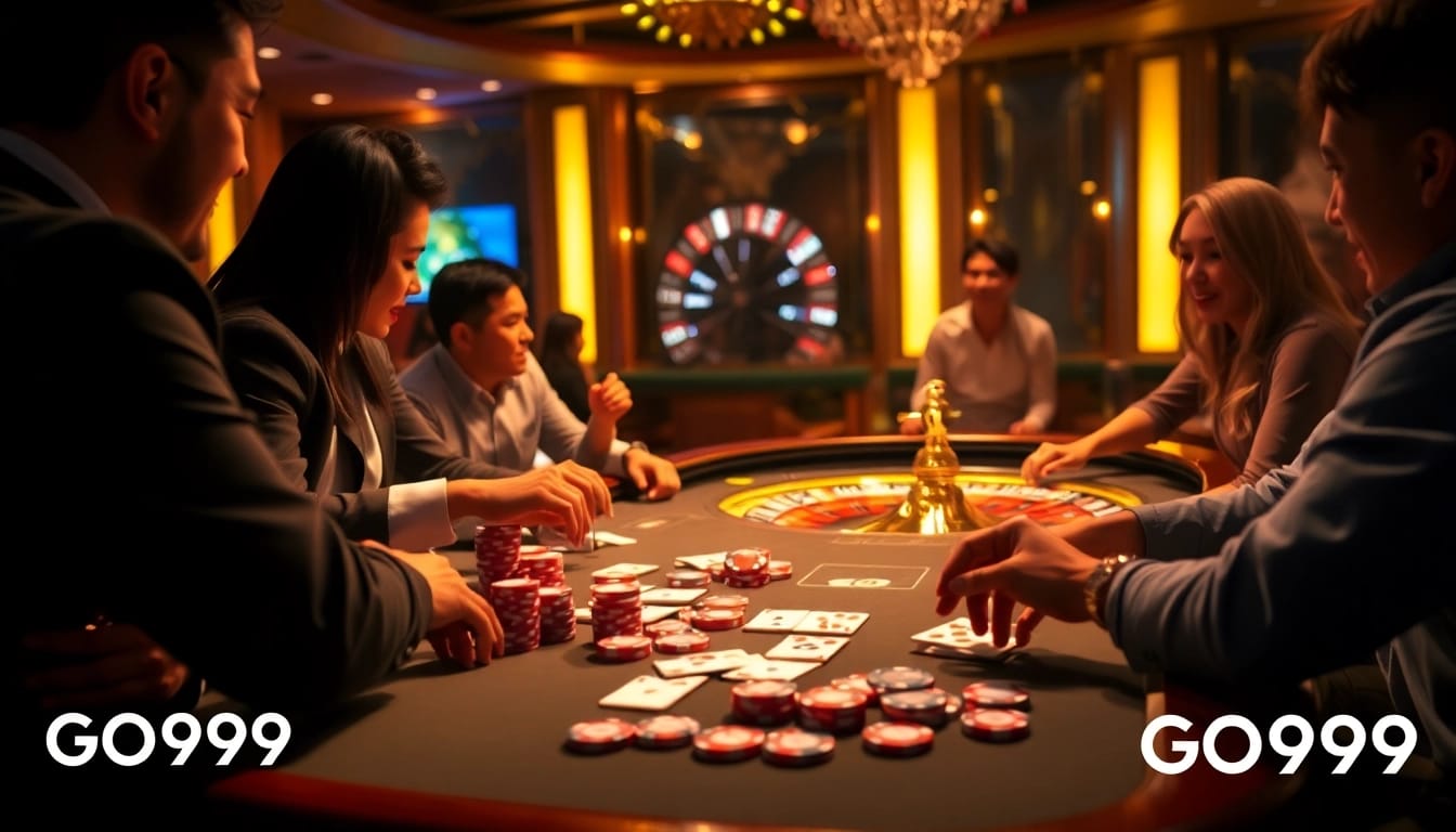 Players enjoying high-stakes games at a luxurious GO99 casino table with vibrant chips.