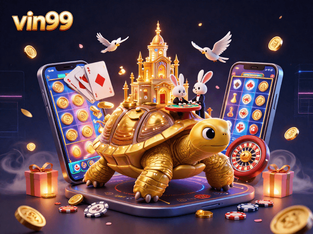 Experience thrilling gameplay with vin99 at a vibrant 3D casino illustration of a golden tortoise.