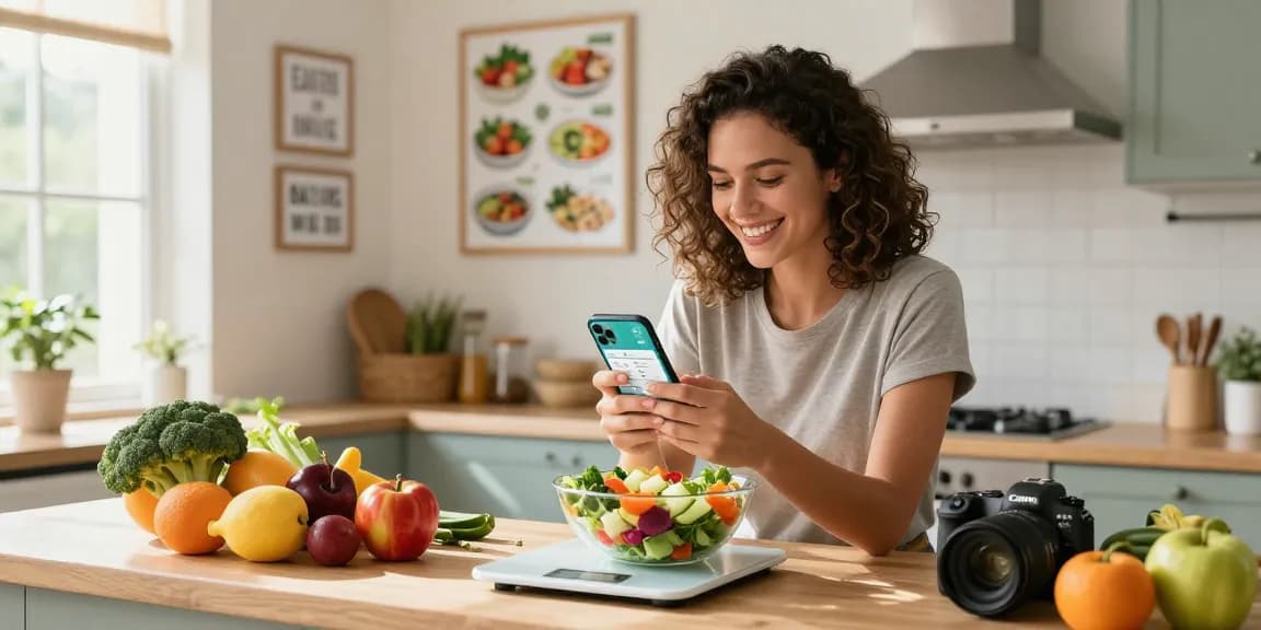 Woman using the best macro tracker app to log meals in a bright kitchen.