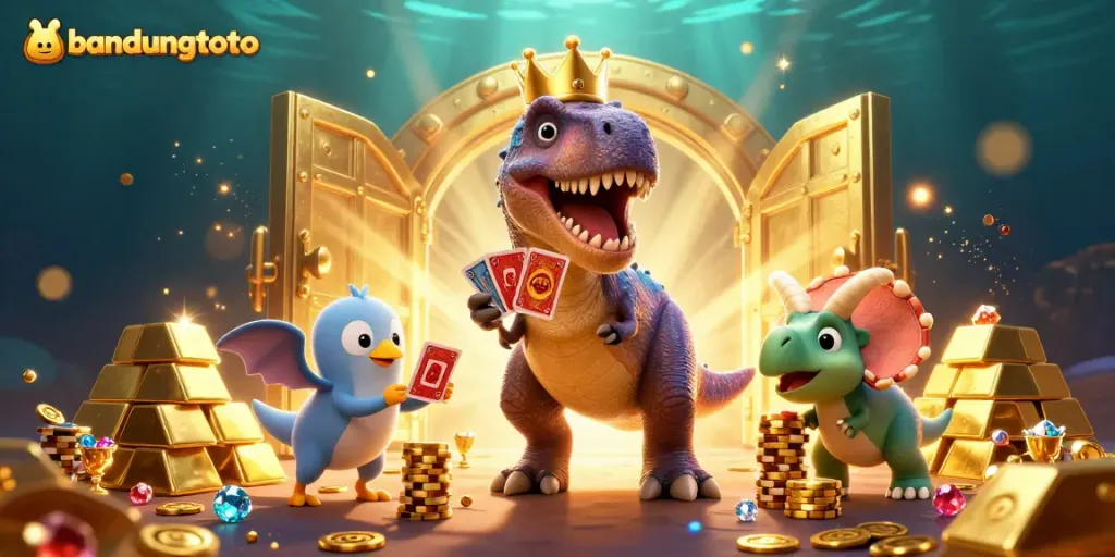 Experience thrilling games at bandungtoto with a lively casino scene featuring dinosaurs and treasure.