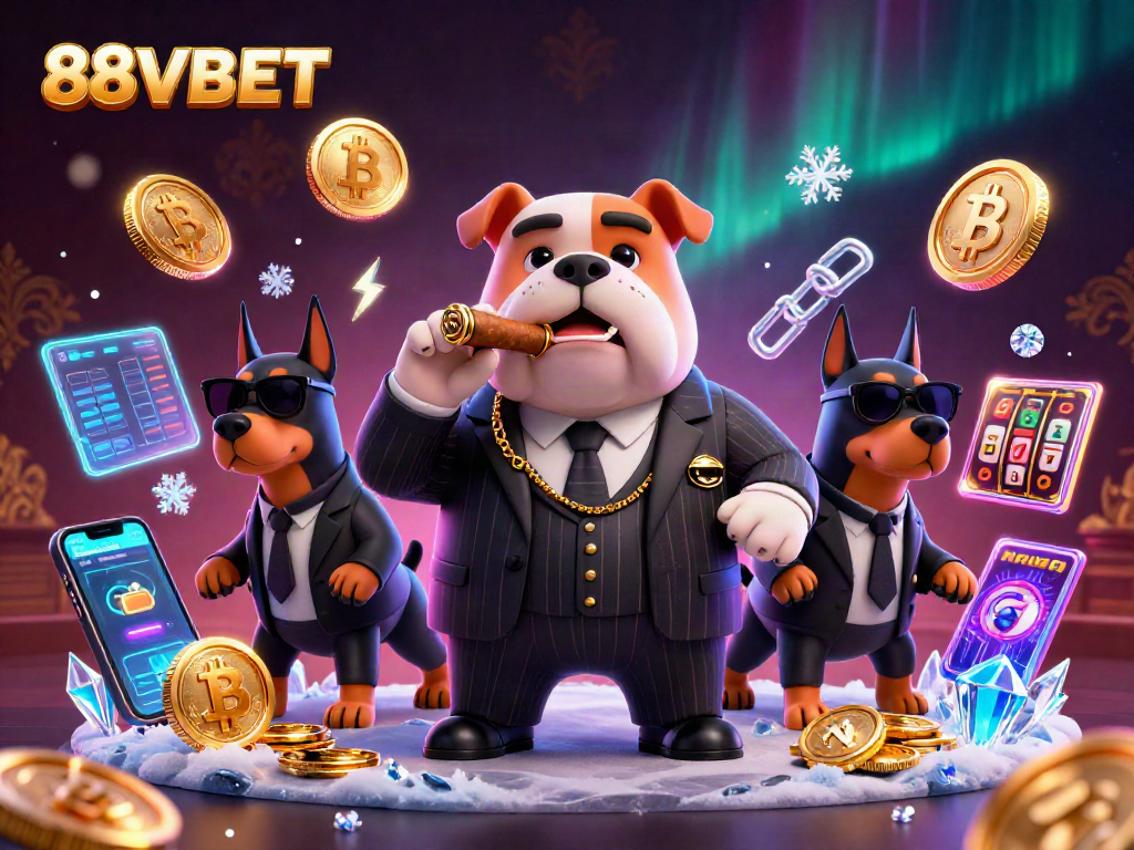 Play exciting casino games with 88VBET, featuring a mafia bulldog and bodyguards amidst slot reels and digital coins.