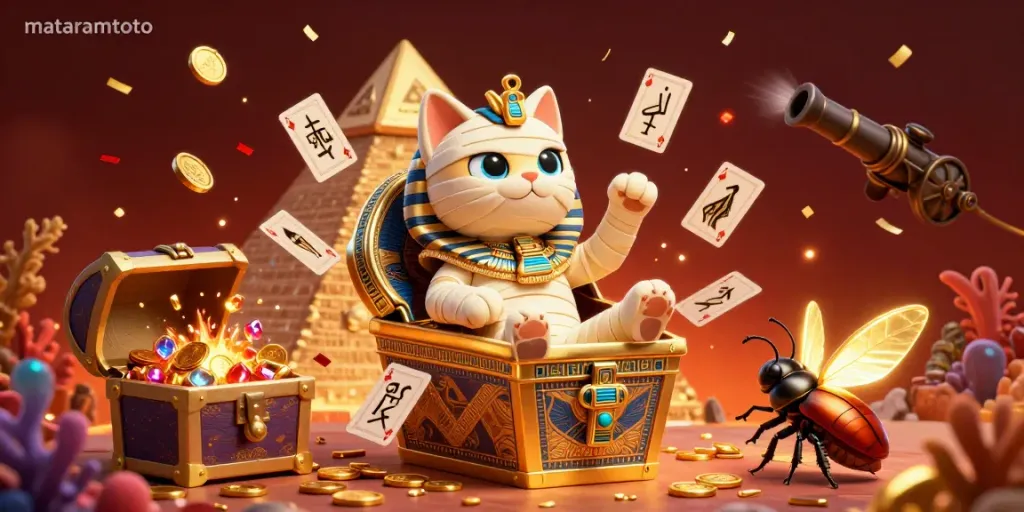 Experience the thrilling casino scene of mataramtoto as a mummy cat bursts with excitement in a pyramid casino, surrounded by gold and gems.