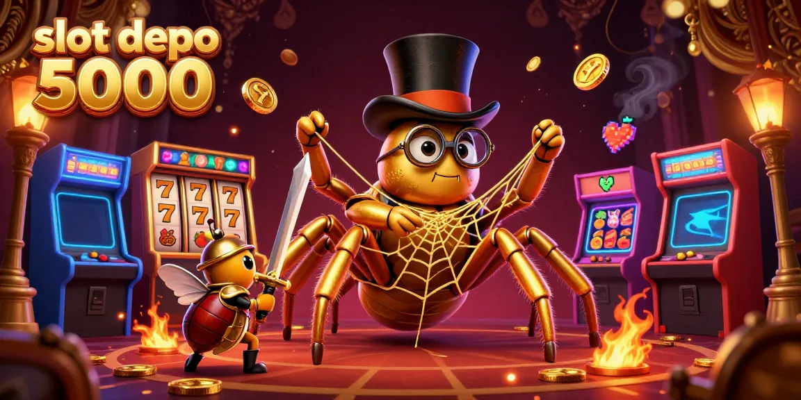 Experience the excitement of slot depo 5000 with a vibrant 3D casino scene featuring a golden tarantula and colorful gaming elements.