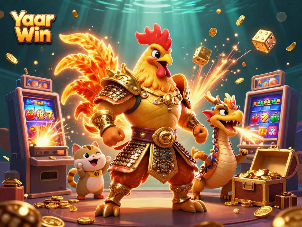 Win big with Yaar Win, where a golden samurai rooster and dragon hatchling celebrate alongside a burst of casino game excitement.