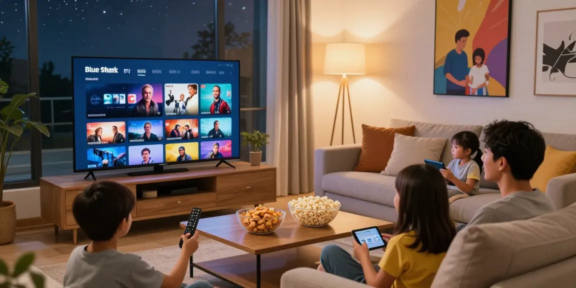 Experience Blue Shark IPTV in a cozy living room with family watching movies and sports together.