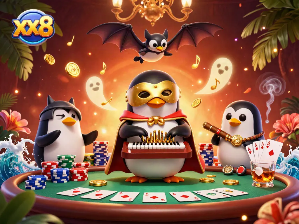 Play poker with animation featuring xx8’s phantom penguin and playful characters.