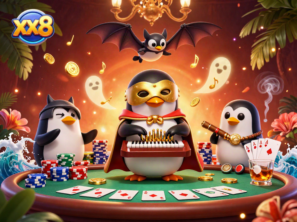 Play poker with animation featuring xx8’s phantom penguin and playful characters.