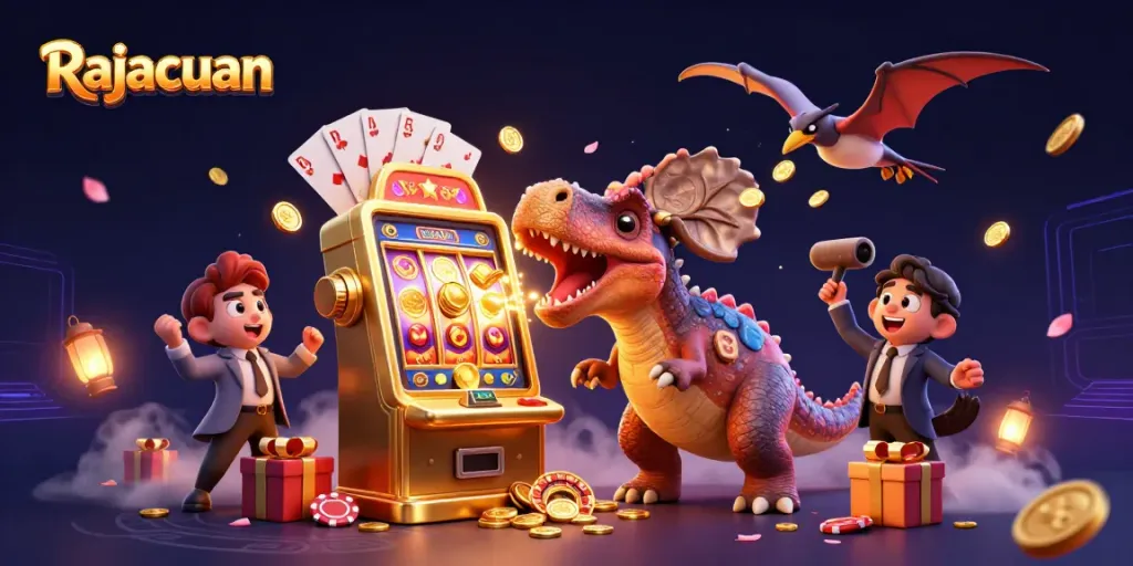 Experience Rajacuan excitement as a dinosaur interacts with a golden slot machine amidst vibrant casino elements.
