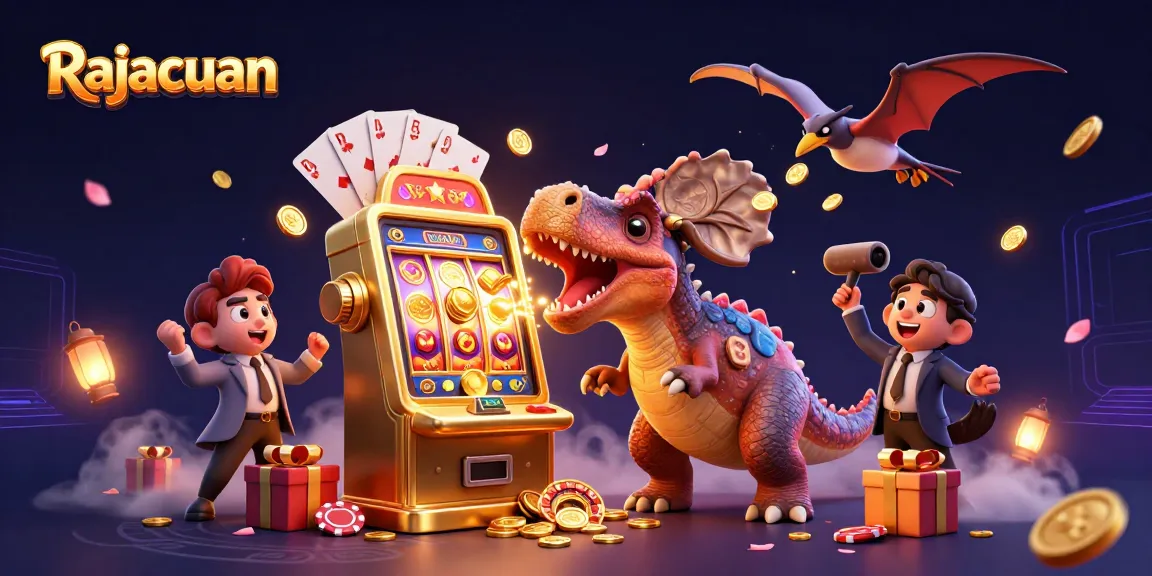 Experience Rajacuan excitement as a dinosaur interacts with a golden slot machine amidst vibrant casino elements.
