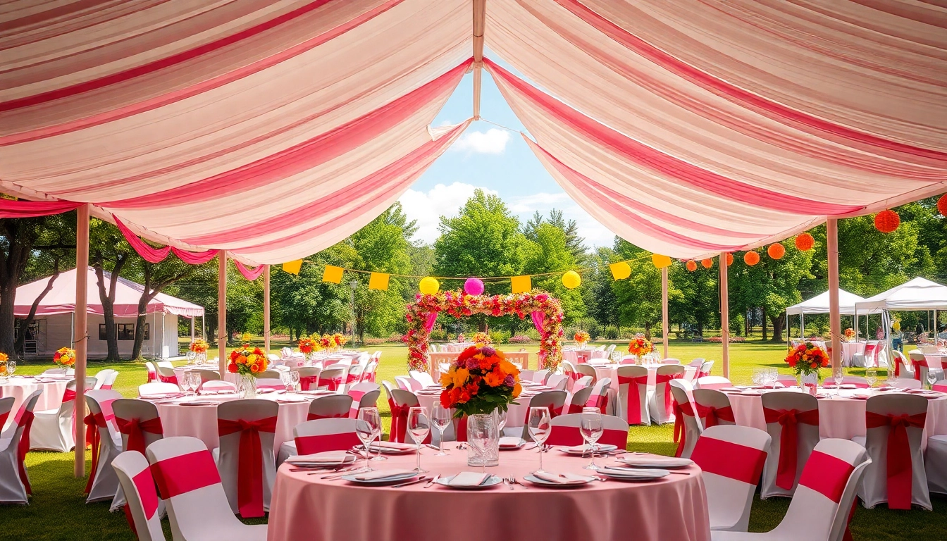 Party Tent Rentals set in a festive outdoor location with colorful decorations and table settings.