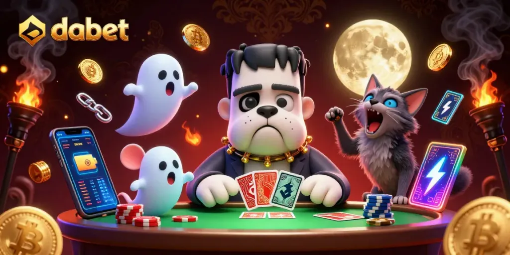 Experience thrilling dabet gaming with a vibrant scene featuring a Frankenstein bulldog dealer and crypto elements.