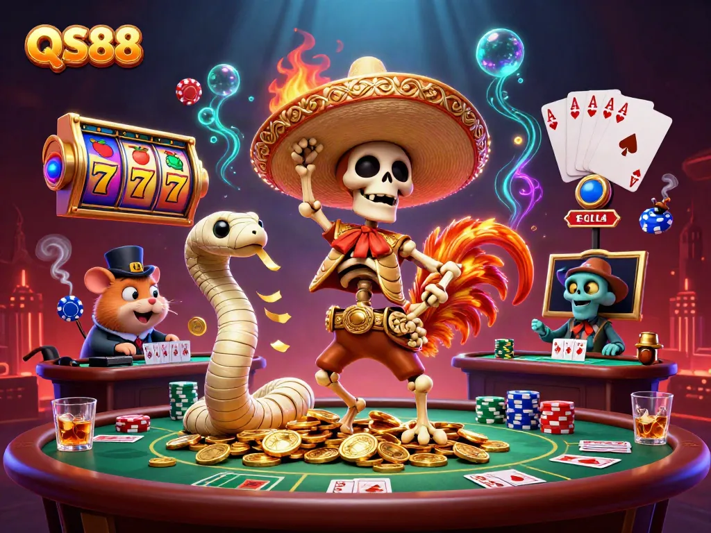 Celebrate wins at QS88 with a vibrant scene of exciting casino characters surrounded by dynamic game elements.