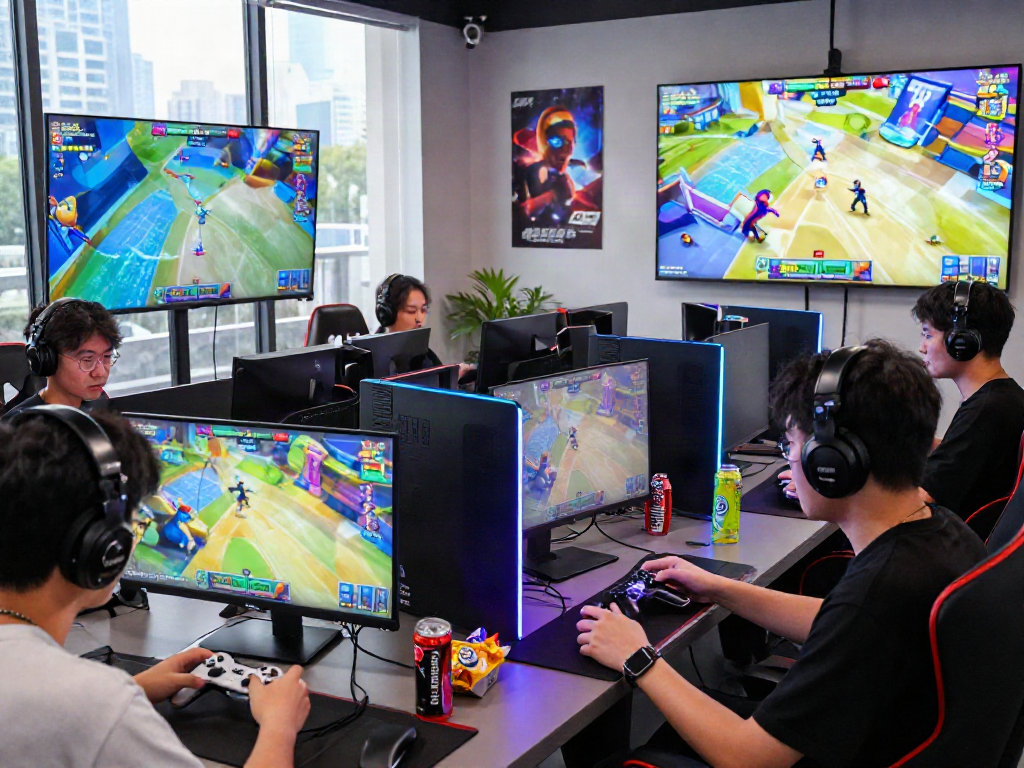 Gamers fighting in an exciting multiplayer competition at rokok88 gaming lounge.
