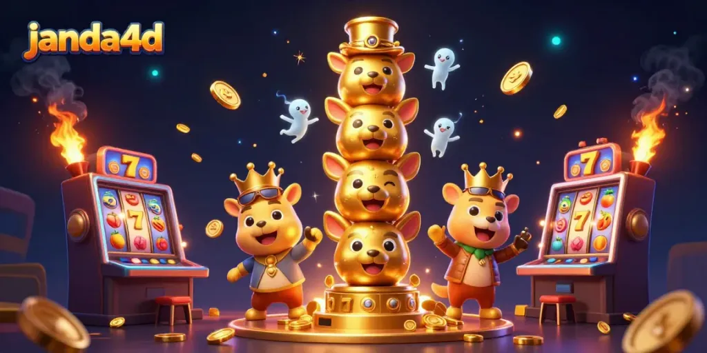 Slot jackpot menarik di janda4d dibalut dalam ilustrasi 3D berwarna cerah.