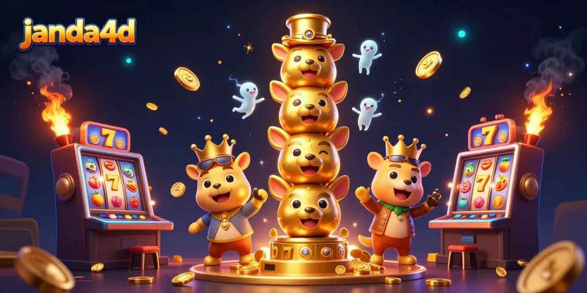 Slot jackpot menarik di janda4d dibalut dalam ilustrasi 3D berwarna cerah.