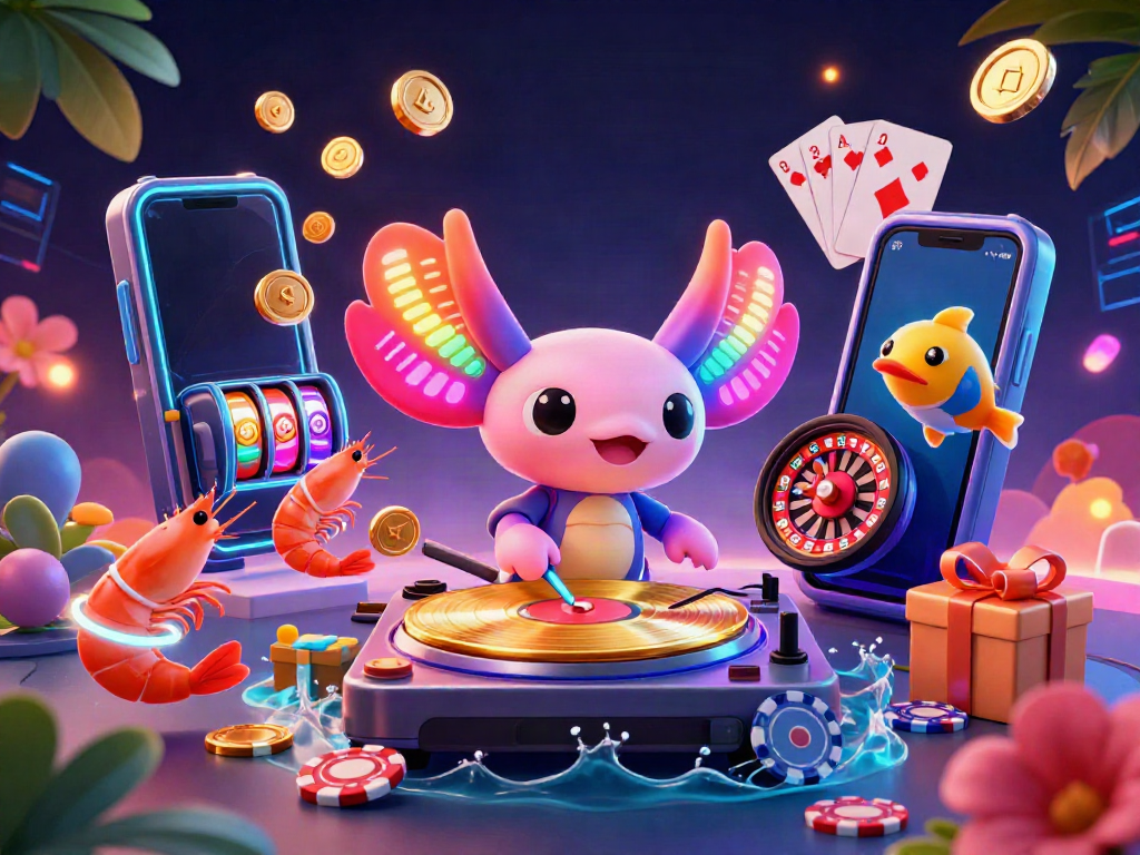 FLY88 showcases a vibrant underwater casino scene with a glowing axolotl DJ and dynamic game elements.