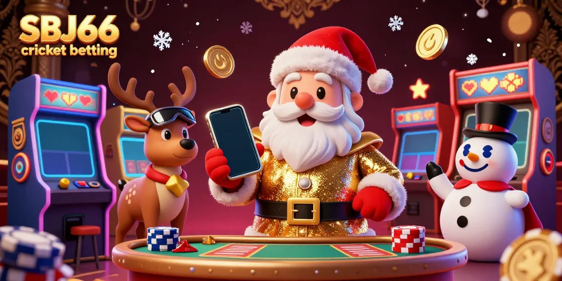Experience SBJ66 cricket betting with Santa Claus, vibrant arcade elements, and festive characters.
