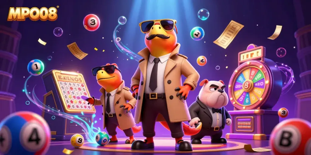 MPO08 offers exciting gambling adventures with raptors in a trench coat at a VIP casino lounge.