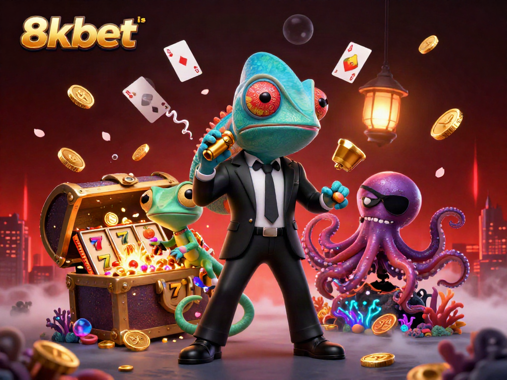 Engage in thrilling gameplay with 8xbet ios, featuring a dynamic 3D scene of a chameleon, gecko, and octopus around vibrant casino elements.