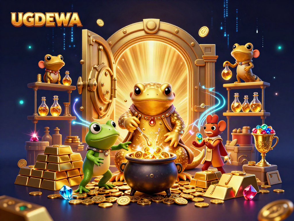 UGDEWA showcases an alchemist and frog in a dynamic, colorful casino scene overflowing with gold.