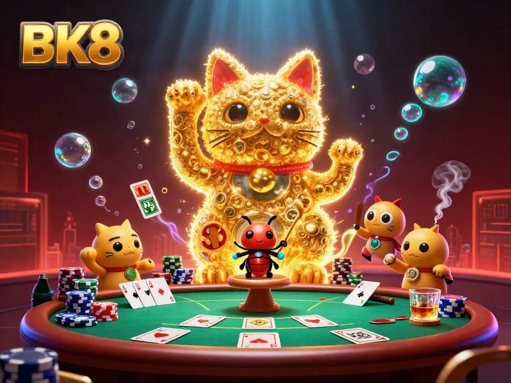 Experience the excitement of BK8 with a vibrant lucky cat in a 3D casino scene filled with poker elements.