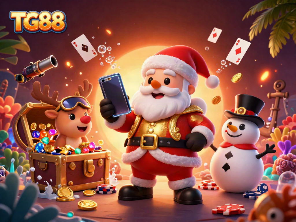 Experience excitement at TG88 with a vibrant casino scene featuring Santa, a reindeer dealer, and a poker chip snowman.