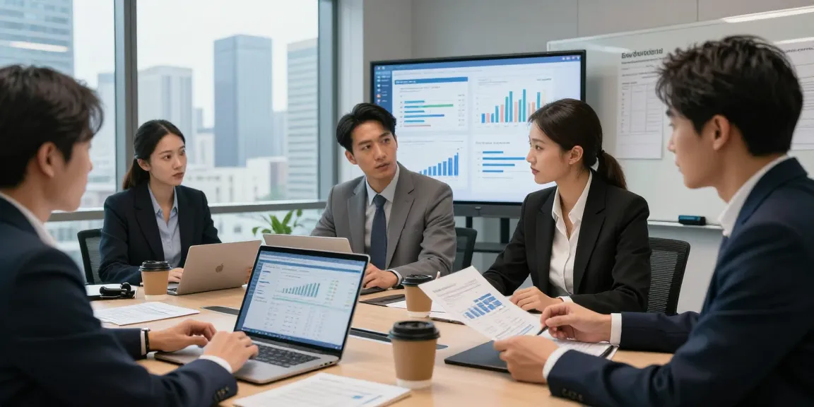 Business professionals strategizing on slot qris payment optimization in modern conference room.
