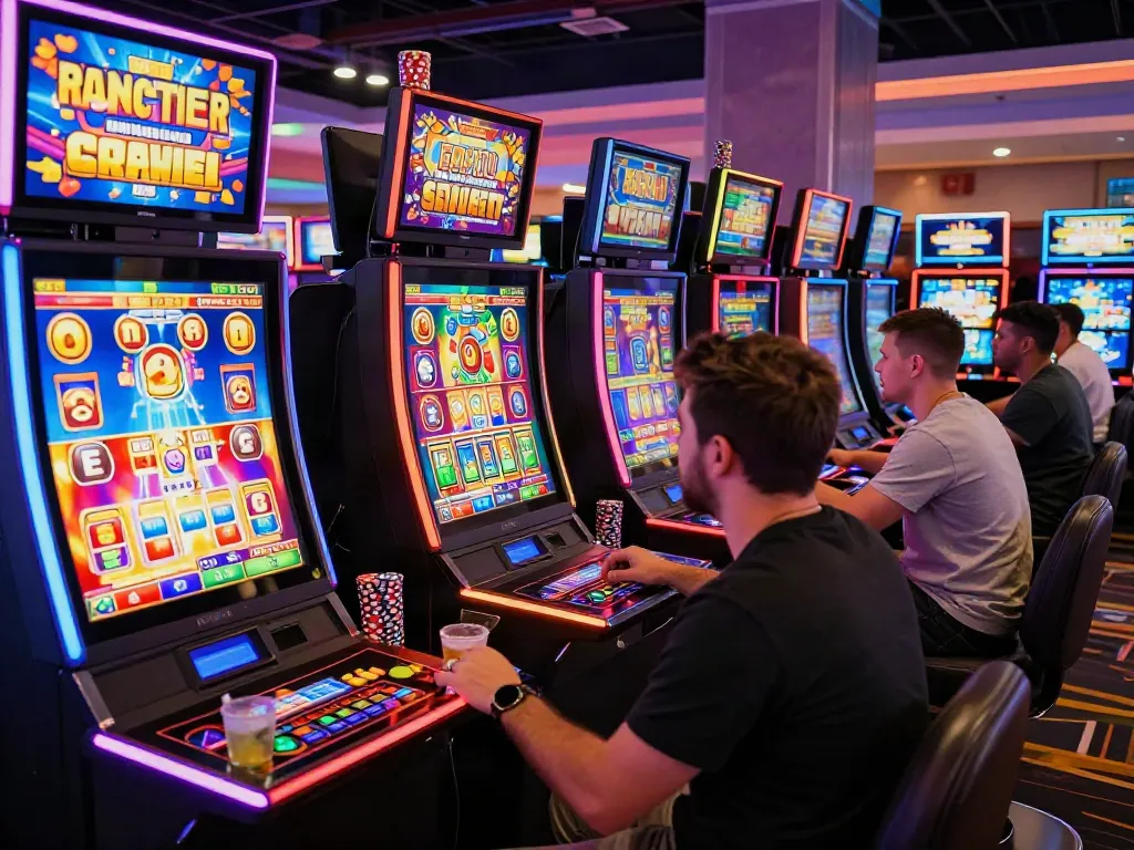 Exciting slot gaming experience depicting players at vibrant slot machines, showcasing colorful graphics and engaging atmosphere.