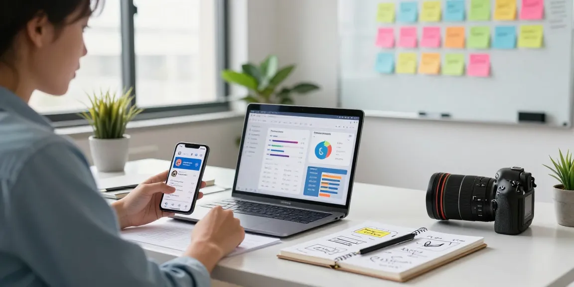 Buy app install strategies showcased in a vibrant digital marketing workspace with charts and smartphone analytics.