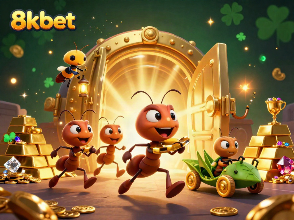 Experience the thrilling heist of 8kbet with cartoon ants carrying a massive golden poker chip.