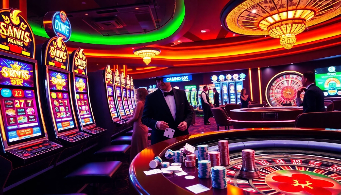 Experience the excitement of situs bangsawan88 with vibrant casino scenes filled with slot machines and spirited players.