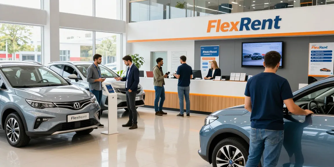 FlexRent customer interacting with staff at a car rental office in Chișinău, showcasing various vehicles.