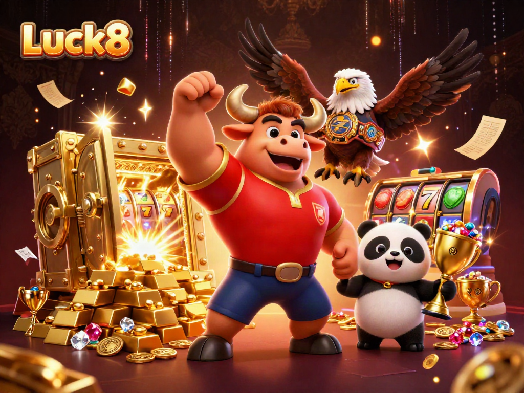 Luck8 characters celebrating a jackpot with gold treasures and slot elements in a vibrant casino setting.