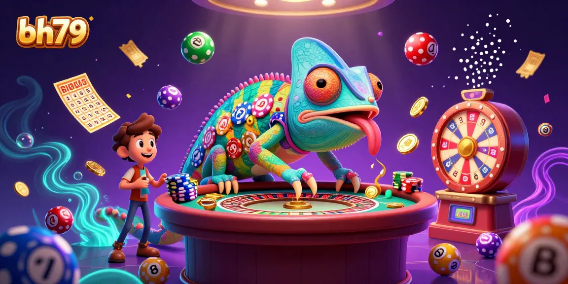 bh79 casino scene with a colorful chameleon owner capturing golden coins amid vibrant game elements.