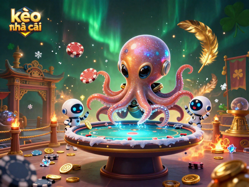 Engage with kèo nhà cái at a dynamic holographic poker table in a vibrant alien casino.