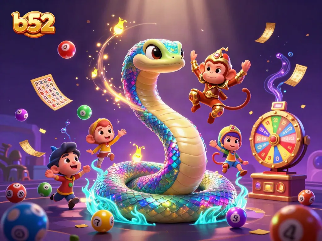 Engage with b52 lottery balls and vibrant casino elements in dynamic 3D illustration.