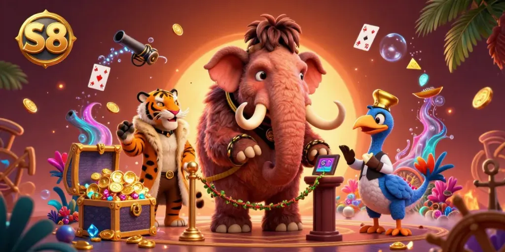 Witness S8's vibrant casino atmosphere with a woolly mammoth bouncer, saber-tooth VIP guest, and dodo doorman showcasing thrilling elements.