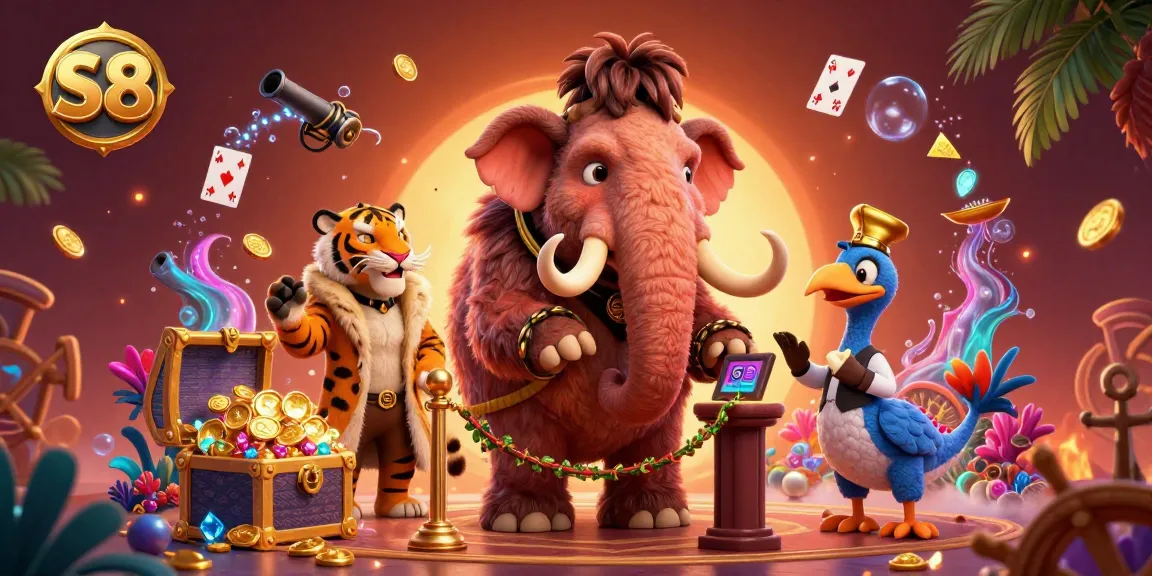 Witness S8's vibrant casino atmosphere with a woolly mammoth bouncer, saber-tooth VIP guest, and dodo doorman showcasing thrilling elements.