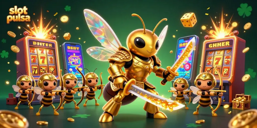 Explore exciting slot pulsa games with this vibrant 3D illustration of a golden hornet samurai amidst casino action.