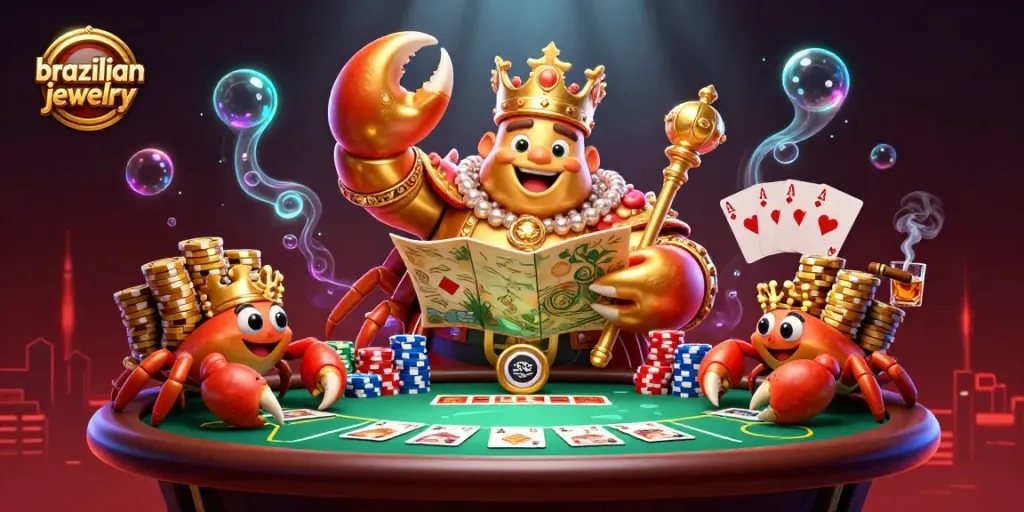 Engage with vibrant Brazilian jewelry while playing poker with a royal crab emperor and golden chips.