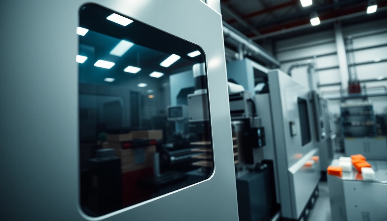 Plastic injection molding machine in a modern manufacturing setting, showcasing high precision and technology.