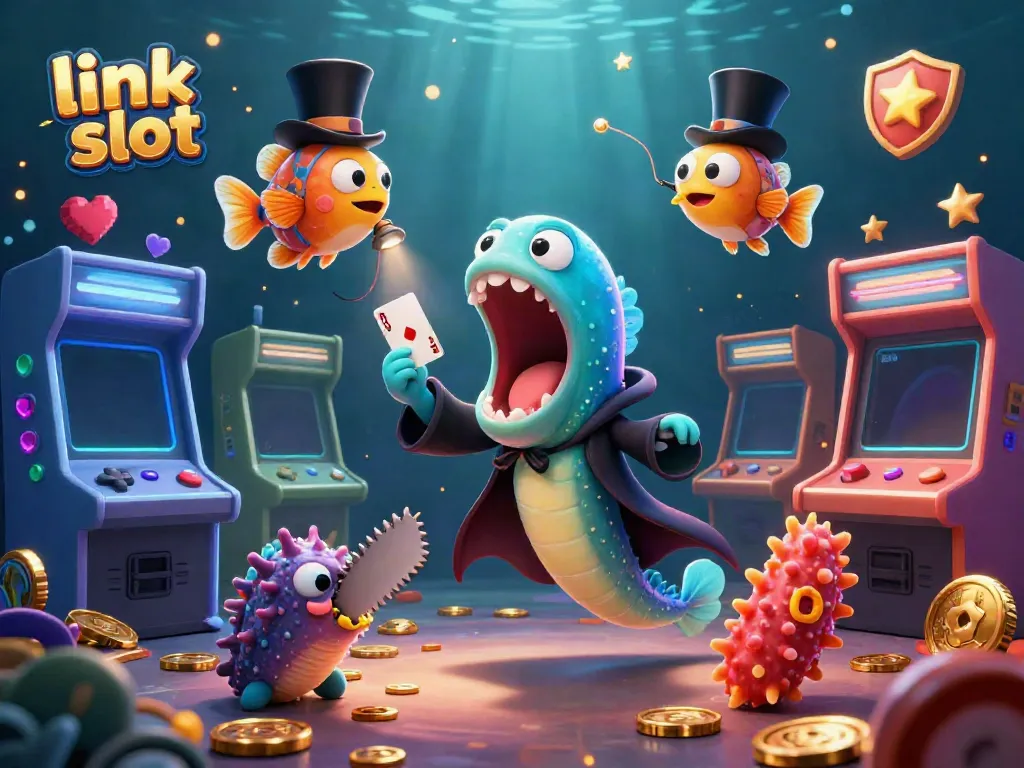 Permainan link slot ditampilkan dengan ikan dalam, gulper eel, dan anglerfish dalam ilustrasi kasino yang menarik.